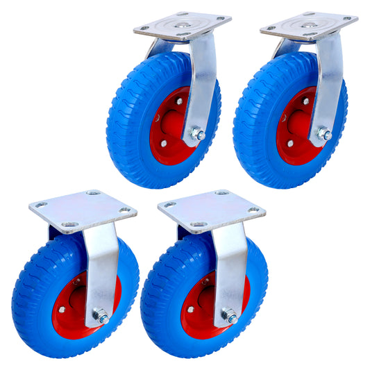 4PCS 8IN CASTER FLAT FREE(2PCS SWIVEL+2PCS RIGID), Caster Wheel, Swivel Plate, Steel Hub with Ball Bearings, 5/8-Inch Bore Centered Axle -Blue