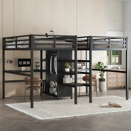 Twin Over Twin Metal Loft Bed with Double Desk and Wardrobe and Shelves with Electrical Outlet for Space Saving and Noise Reduction,Black SolidRoot Buy Furniture USA