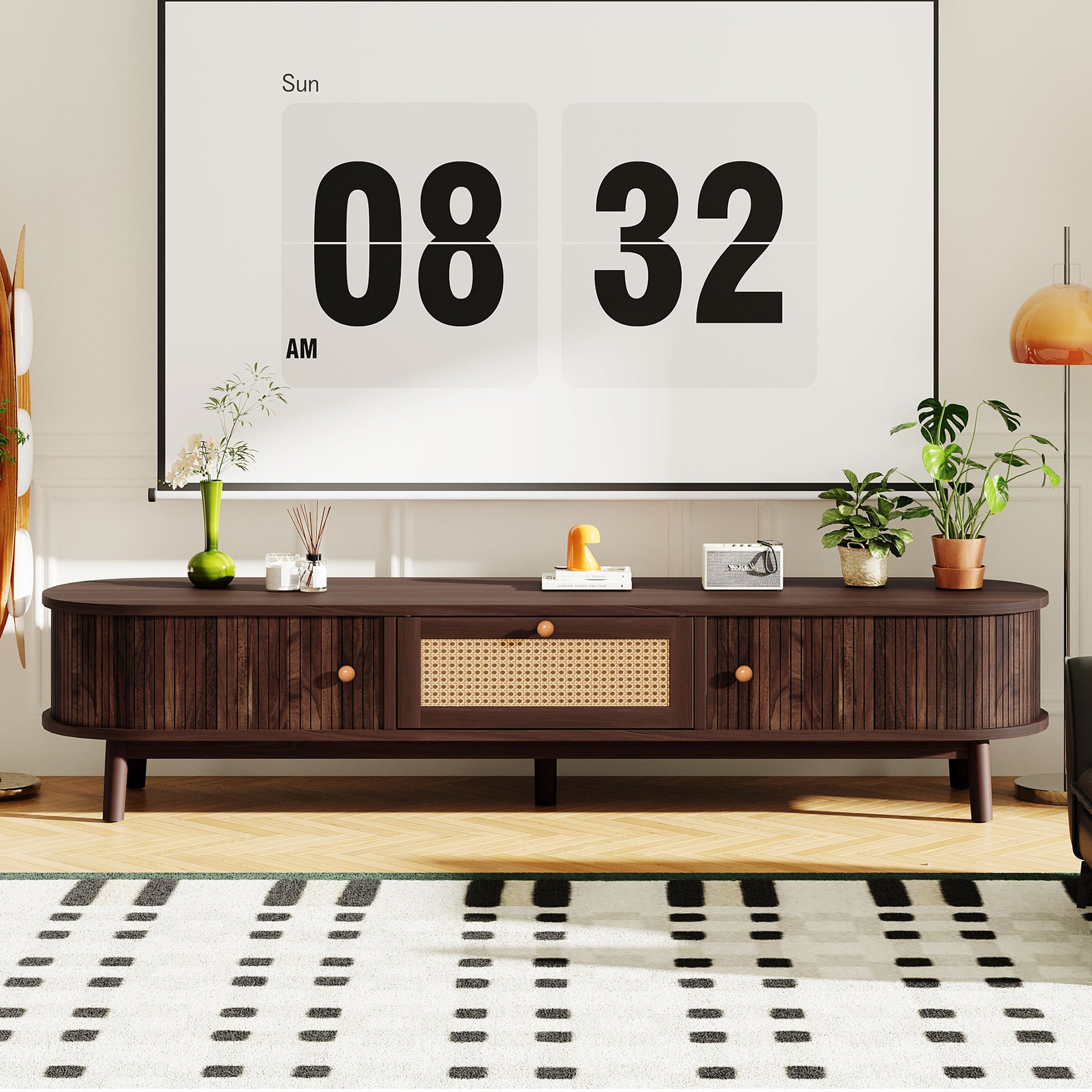 Modern Design TV Stand for 75' TVs, Media Console TV Cabinet with Rattan-Front Drawer for Living Room, 1 Drawer and 2 Sliding-Door Cabinets SolidRoot Buy Furniture USA