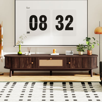 Modern Design TV Stand for 75' TVs, Media Console TV Cabinet with Rattan-Front Drawer for Living Room, 1 Drawer and 2 Sliding-Door Cabinets SolidRoot Buy Furniture USA