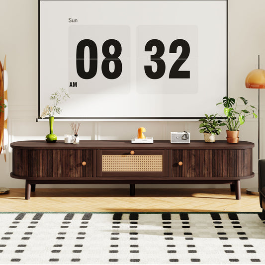 Modern Design TV Stand for 75' TVs, Media Console TV Cabinet with Rattan-Front Drawer for Living Room, 1 Drawer and 2 Sliding-Door Cabinets SolidRoot Buy Furniture USA