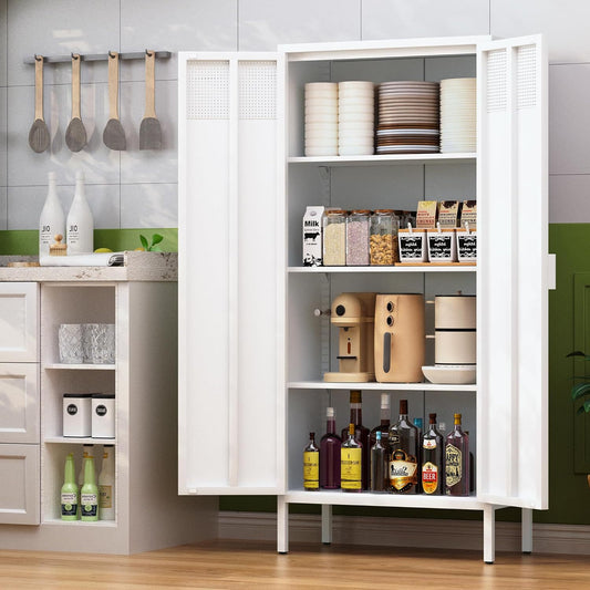 The metal food storage cabinet, 61 inches high, is equipped with adjustable shelves and is suitable for homes and kitchens.(white) SolidRoot Buy Furniture USA