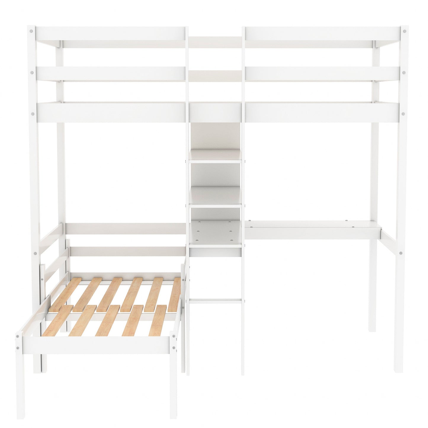 Convertible Loft Bed with L-Shape Desk, Twin Bunk Bed with Shelves and Ladder, White(OLD SKU:SM000209AAK-1)