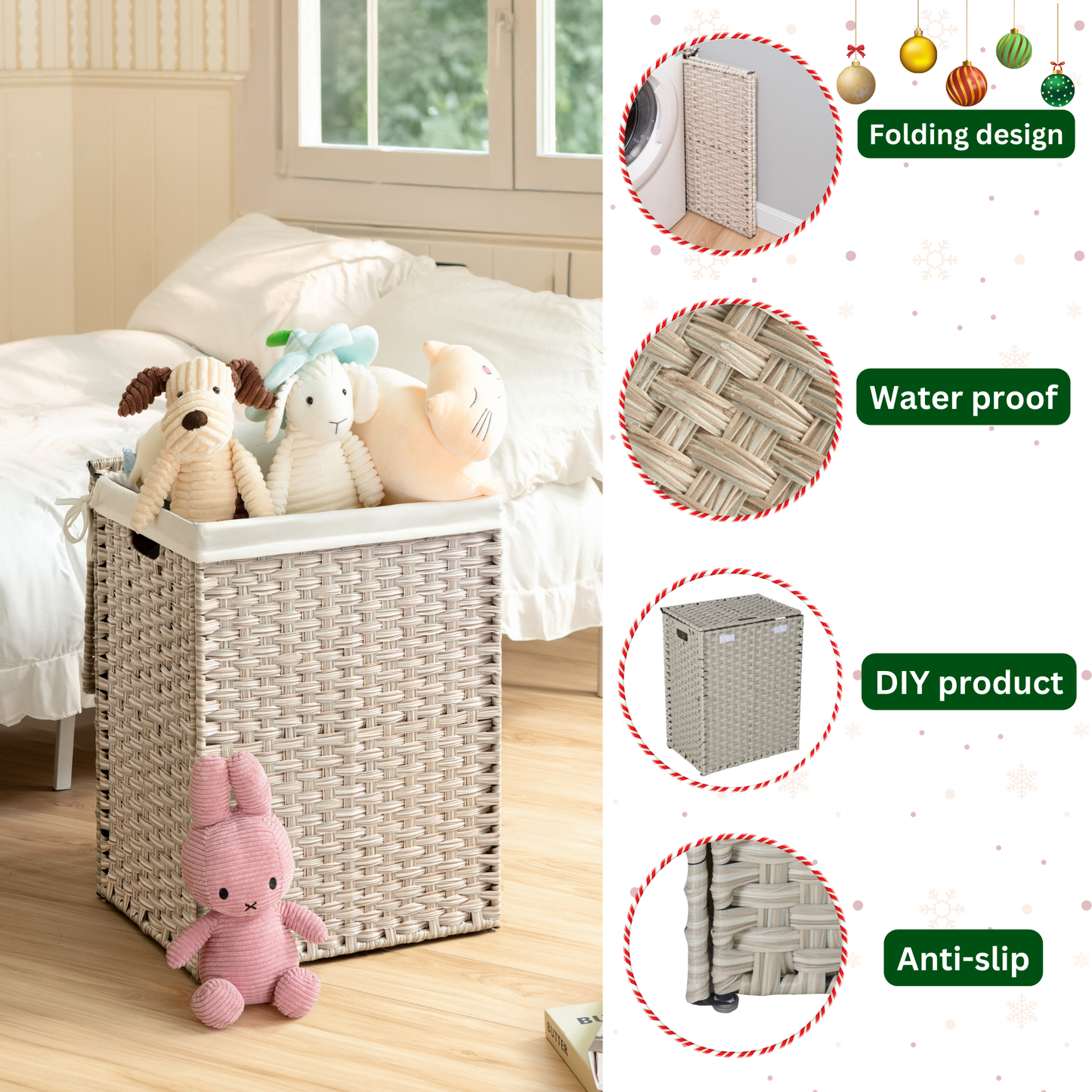 EVG Laundry Hamper With Lid PE Rattan Powder Coating Frame Clothes Hampers with 01 Removable Bags, 100L, Gray Color