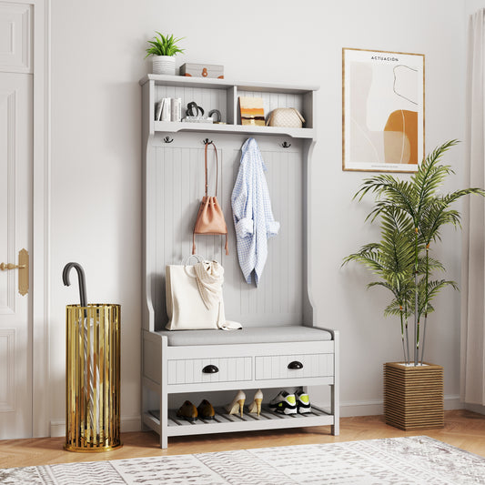 3-in-1 Hallway Hall Tree with 2 Storage Drawer and 4 Coat Rack, Wooden Entryway Shoe Rack Bench with Padded Seat Cushion, Mudroom Bench with Top Storage Shelf (Grey)
