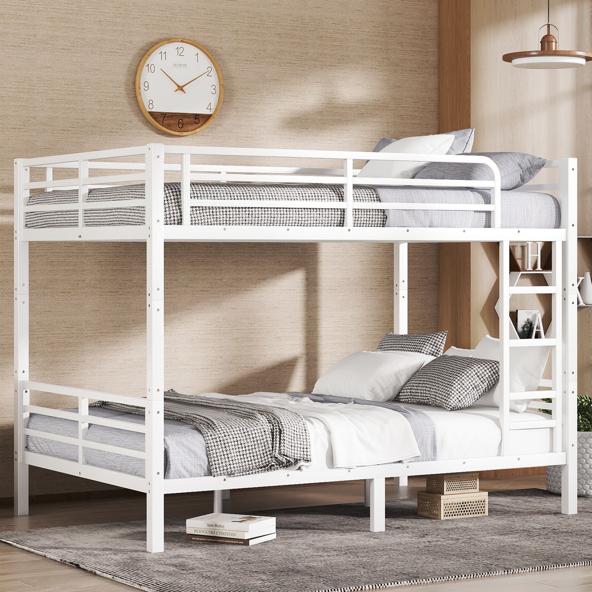 Metal Full XL over Full XL Bunk Bed for Teens and Adults,Space-Saving/Noise Reduced/No Box Spring Needed, White SolidRoot Buy Furniture USA