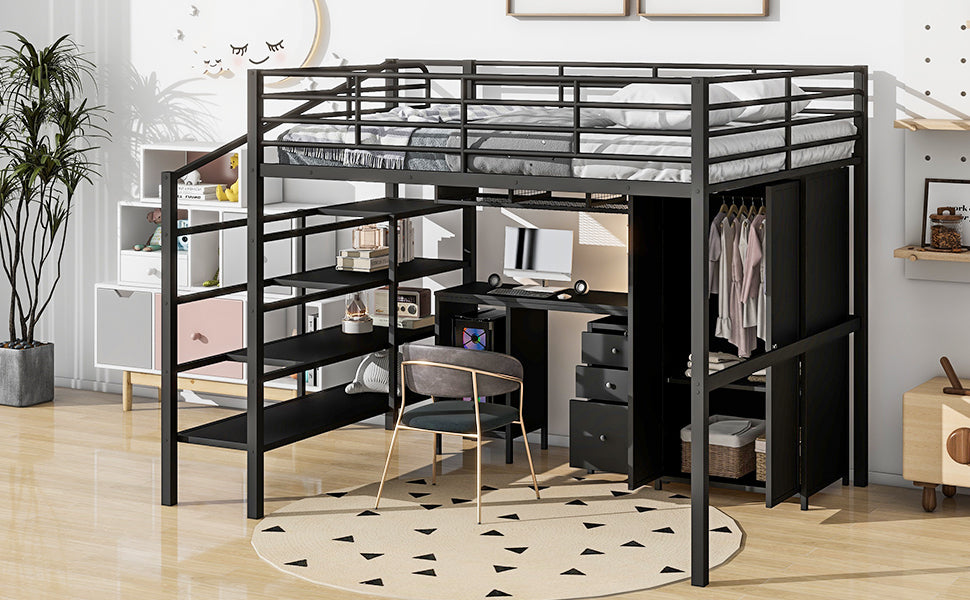 Metal Loft Bed With table set and wardrobe, Full, Black