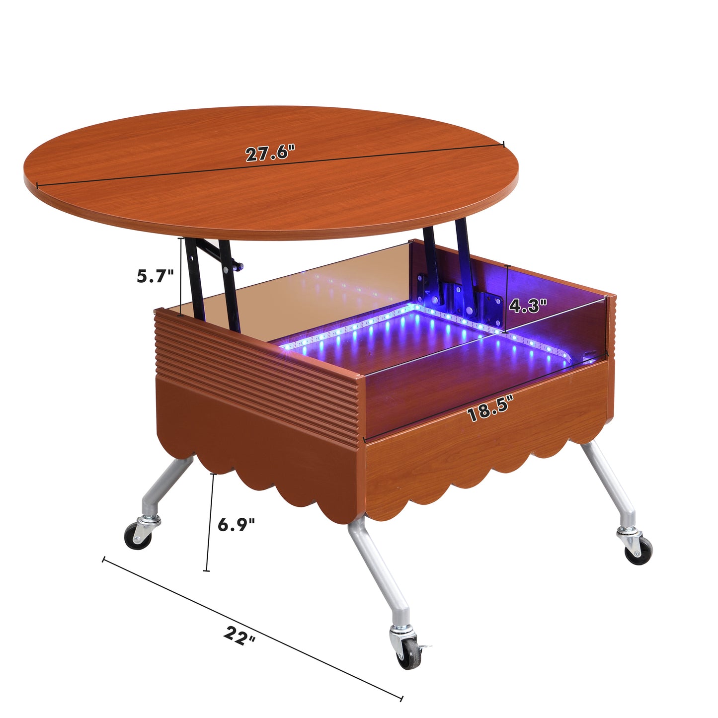 Round Lift-Top Coffee Table with Wheels, Metal Frame and Multi-Color Lighting in 27.6"