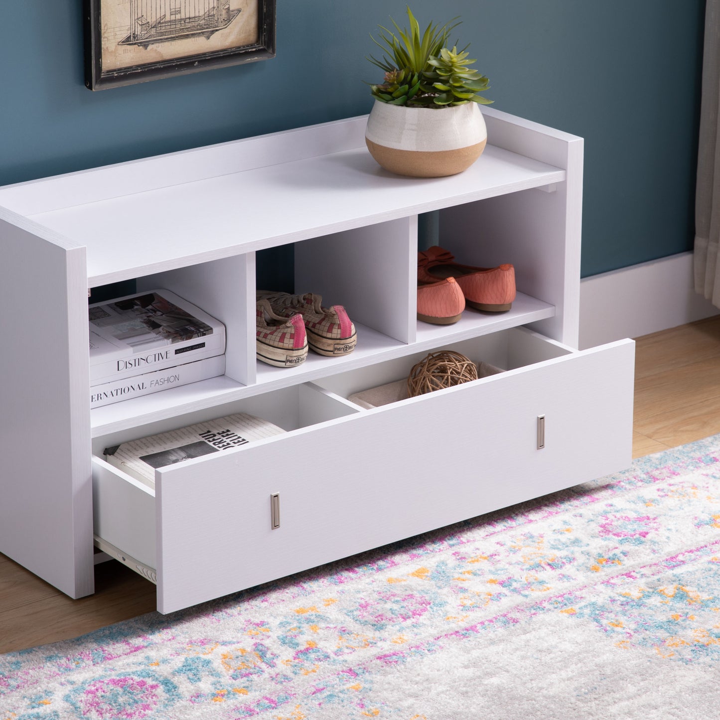 White Entryway Shoe Bench, Three Shelves Organizer with Storage Drawer