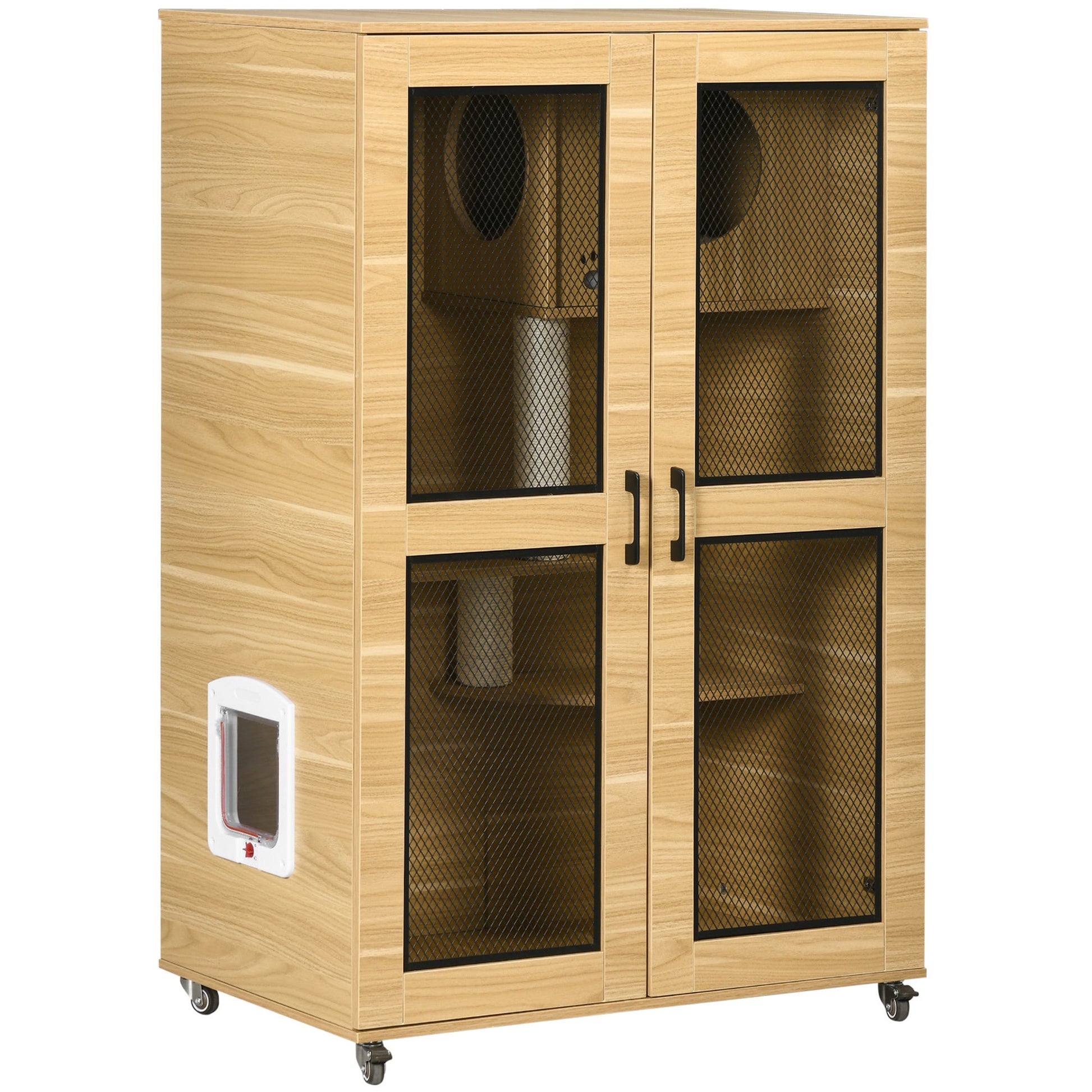 PawHut Luxury Cat House with Wheels,  Kitty Cage Catio Villa for Indoor Cats with Scratching Posts, Condo, Flap Door, Cushion, Oak, 31.5' x 20' x 48.5' SolidRoot Buy Furniture USA
