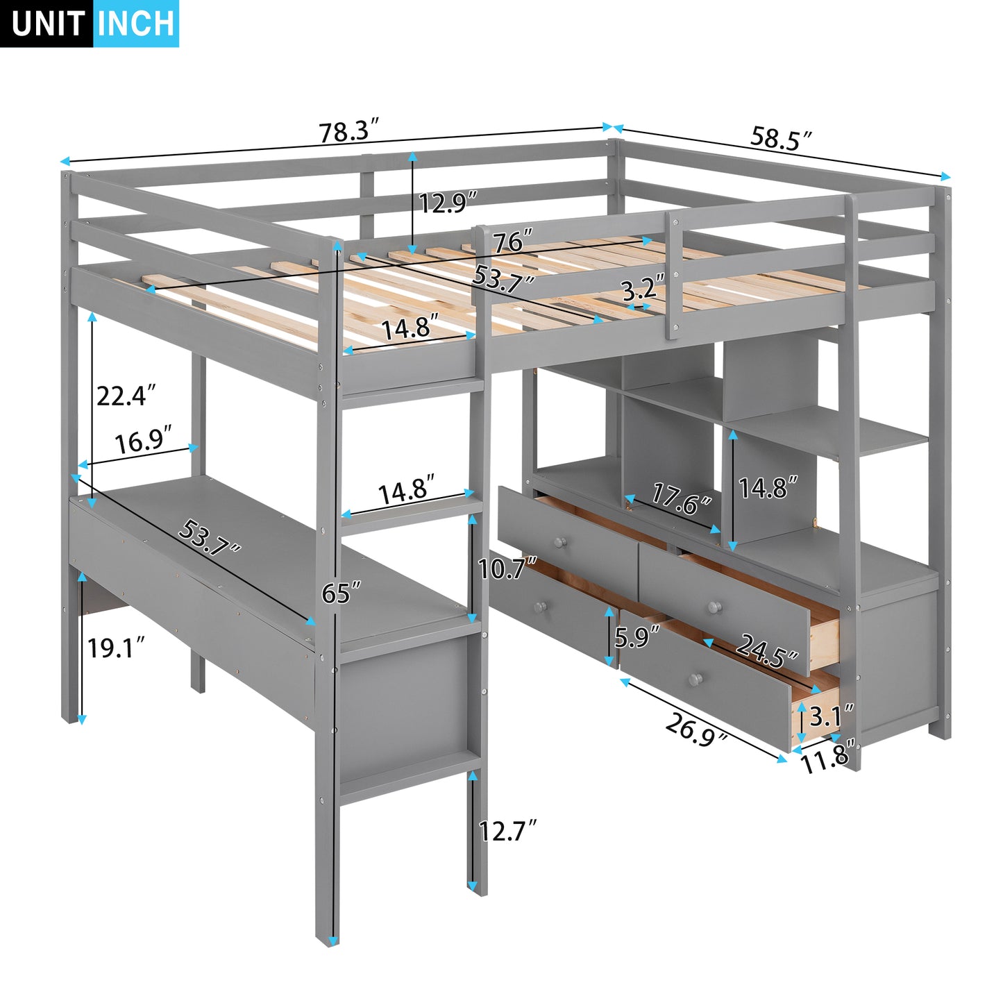 Full Size Loft Bed with Built-in Desk with Two Drawers, and Storage Shelves and Drawers,Gray(Old SKU: GX000320AAE)