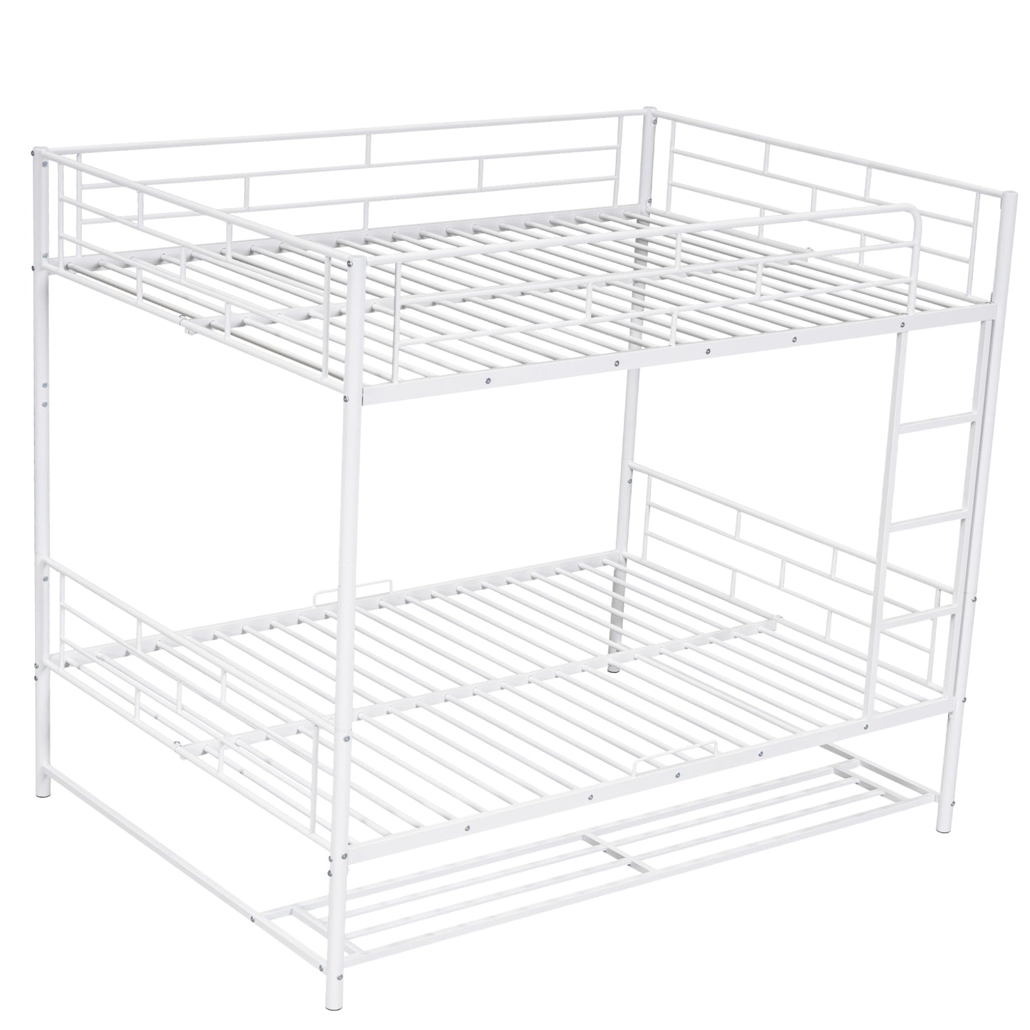 Full Over Full Metal Bunk Bed with Shelf and Guardrails, White