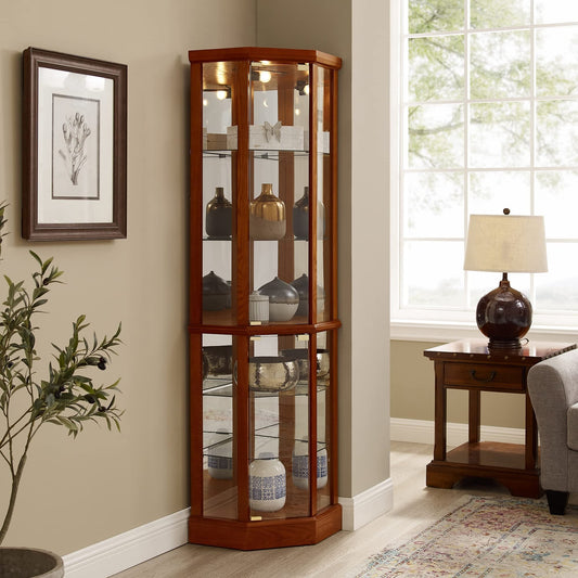 6 Shelf Lighted Corner Curio Cabinet with Adjustable Tempered Glass Shelves and Mirror Back, Oak(E26 light bulb not included) SolidRoot Buy Furniture USA