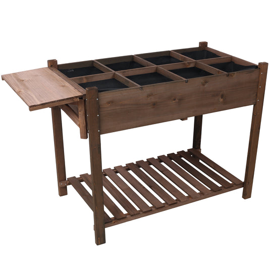 8 Pockets Horticulture Raised Garden Bed Elevated Wood Planter Box Stand with Foldable Side Table and Storage Shelf for Herb/Vegetables/Flowers, dark brown color Livingsource