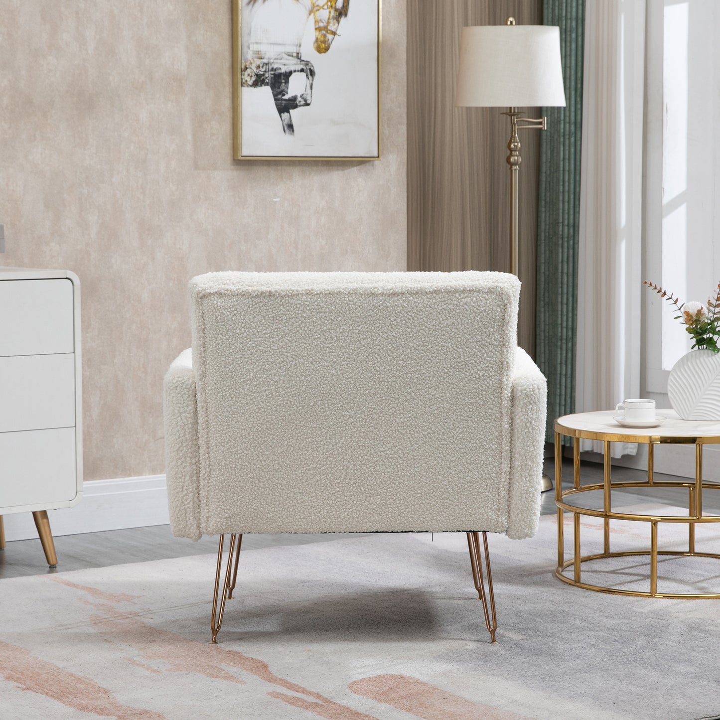 COOLMORE  Armchair Single Sofa Modern Tufted Upholstered Side Reading Chairs with Arm and Gold Metal Leg for Living Room Bedroom (White teddy )