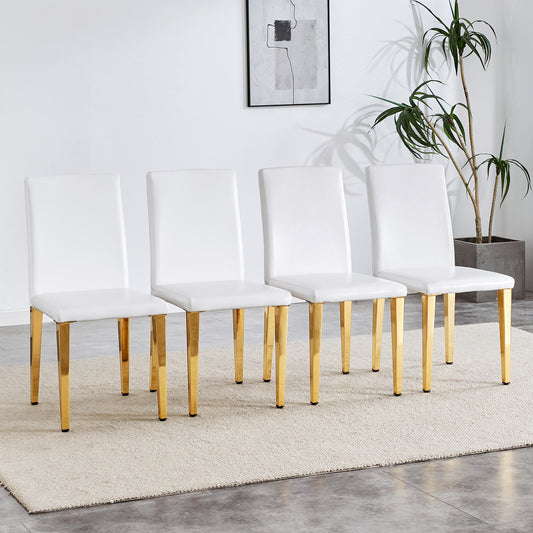 A set of 4 white PU leather backrest chairs with gold metal legs -A perfect match, suitable for minimalist and contemporary home decor styles, with product dimensions of 16.2*18.5*34.6 inches.