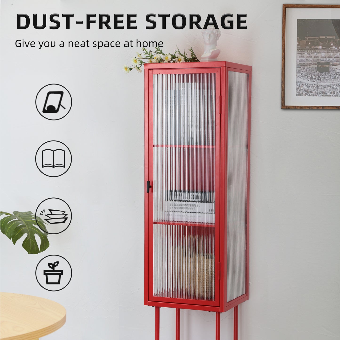 Retro Style Freestanding Metal Tall Display Cupboard with Glass Door and Three Detachable Shelves for Office, Living Room, Kitchen Console Sideboard,Bedside Entryway RED (OLD SKU:W68751719)