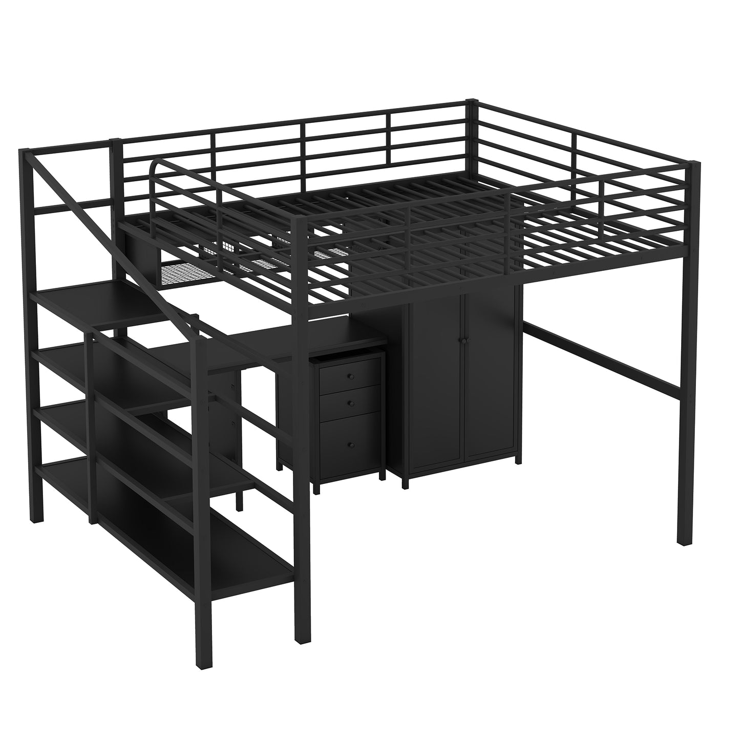 Metal Loft Bed With table set and wardrobe, Full, Black