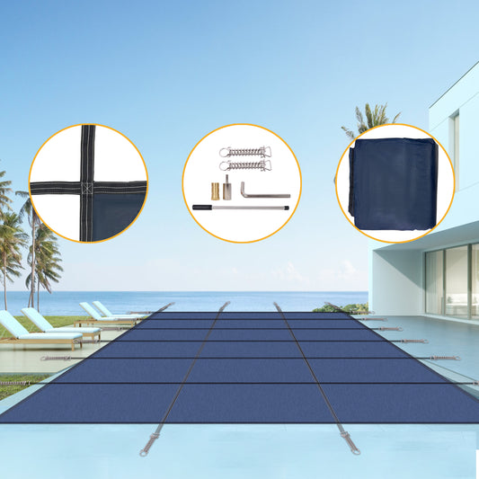 Inground Pool Safety Cover 16x32ft Rectangle Winter Cover with Triple Stitched Blue Mesh and Hardware Included SolidRoot Buy Furniture USA