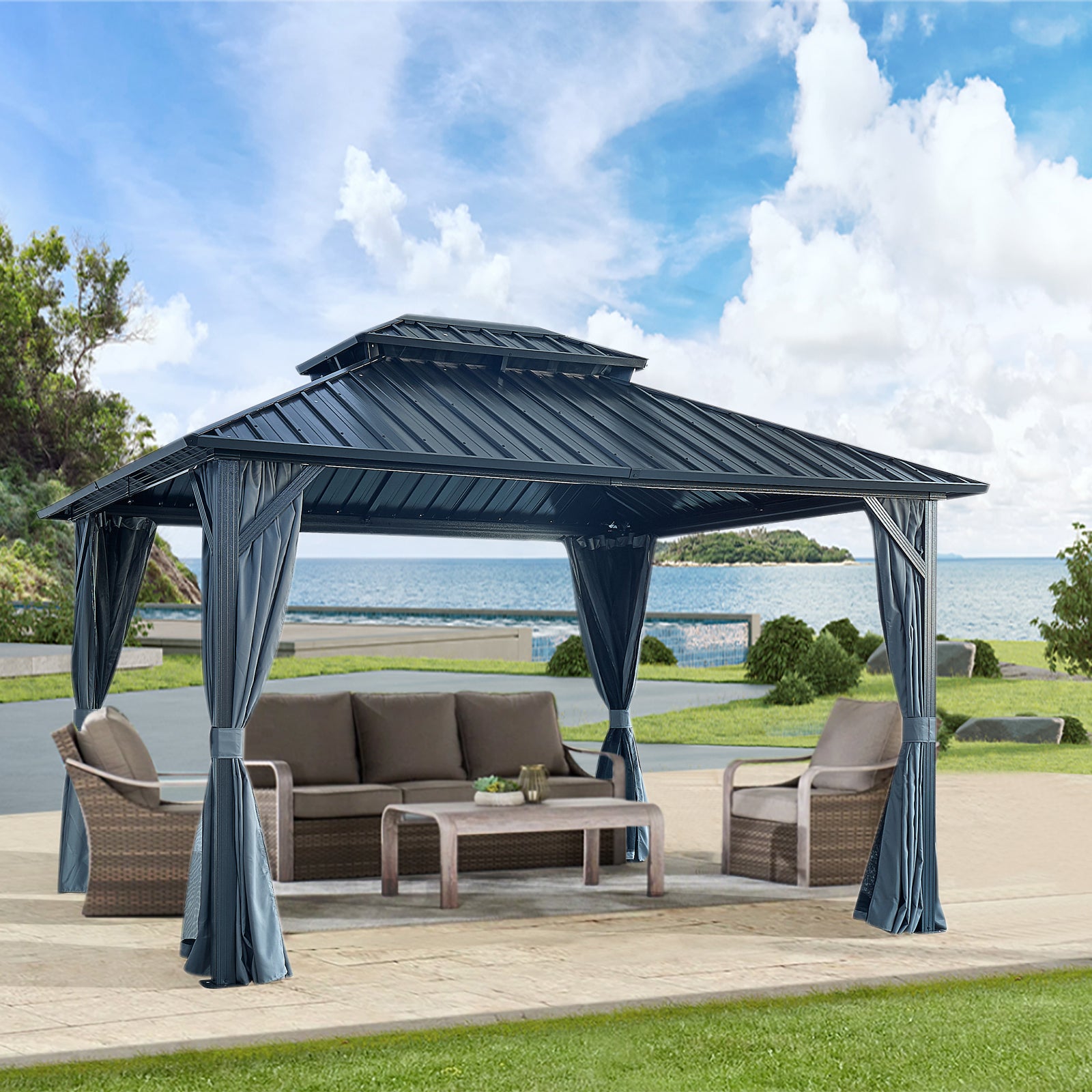 10' X 12' Hardtop Gazebo with Galvanized Steel Double Roof, Sturdy Aluminum Frame, Curtains, and Netting for Patio, Lawn, and Garden SolidRoot Buy Furniture USA