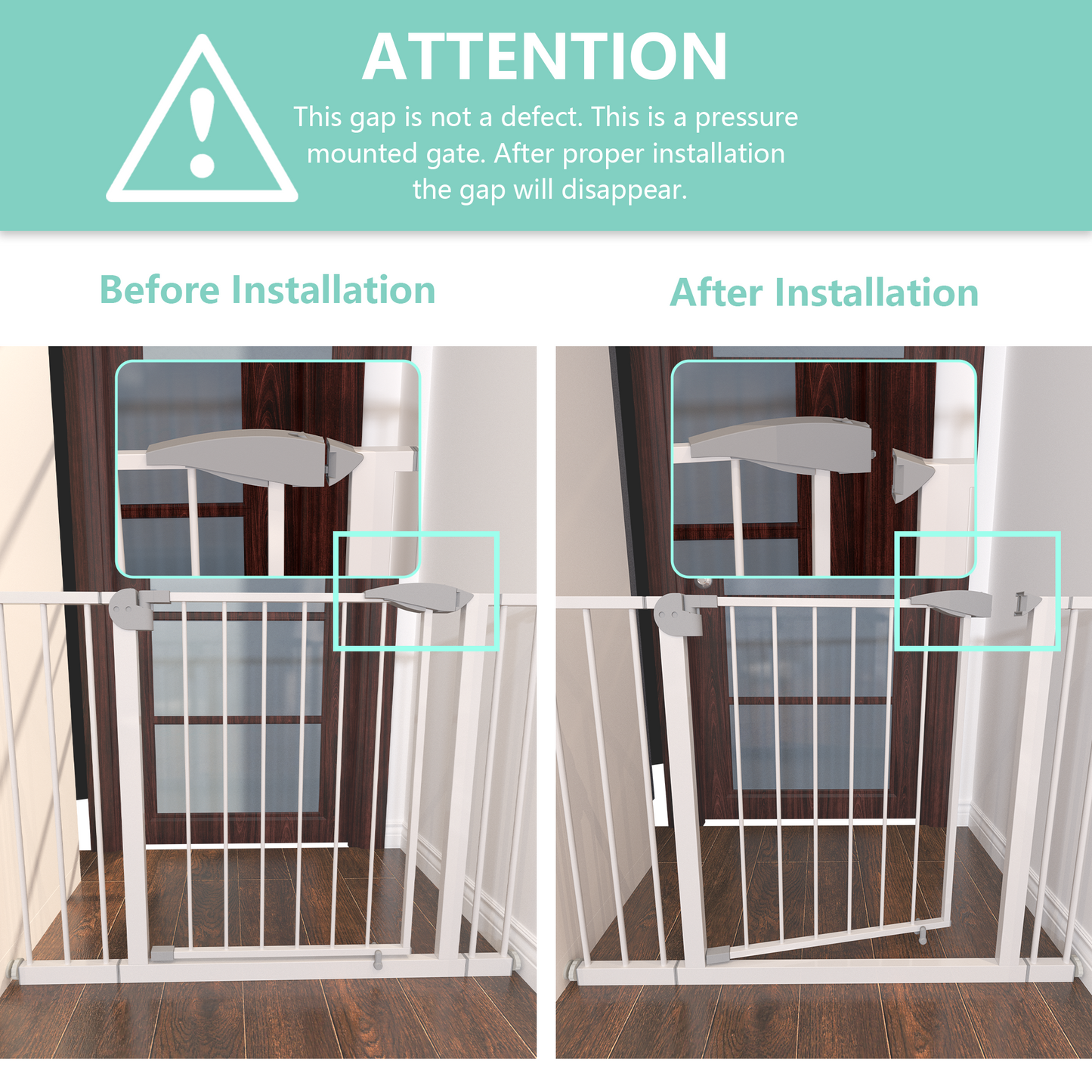 29.5-45.3" Wide Baby Gate for Stairs, Dog Gate Indoor for Doorways, No Drilling Pressure Mounted Pet Gates for Kids, Easy Walk Through Safety Gate, White