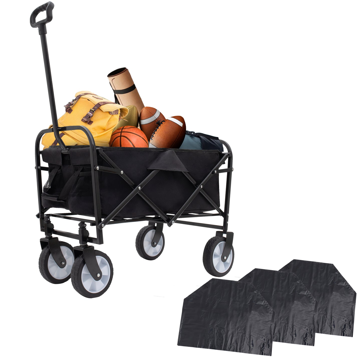 Minimeetall Multi-use Bag Collapsible Foldable Wagon Cart Beach Wagon Heavy Duty Utility Cart Utility Wagon Grocery Cart for for Camping ,3pcs  plastic Liner bag /Cover ,black