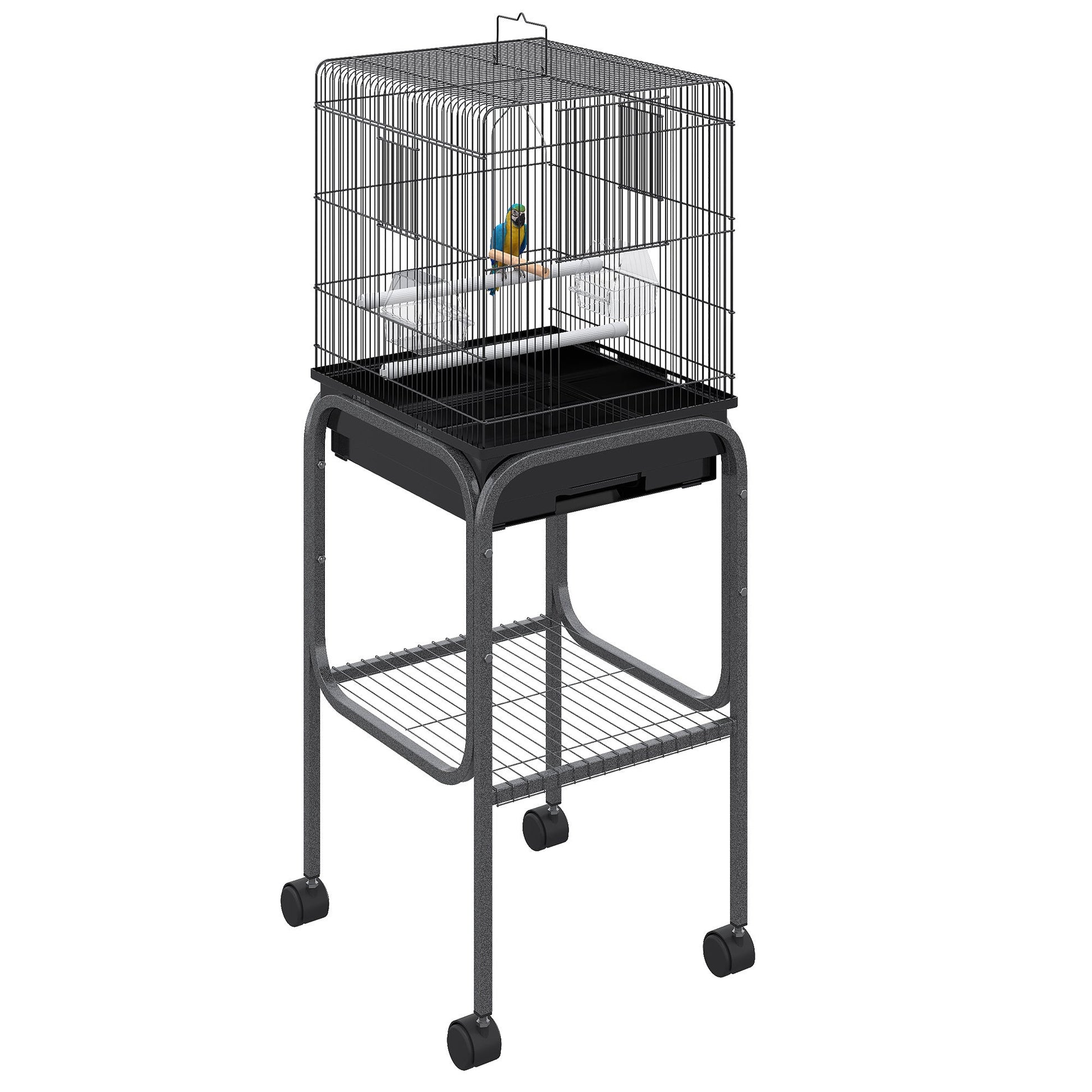 Pawhut 45-inch Metal Indoor Bird Cage, Parrot Cage, Bird Aviary with Detachable Rolling Stand, Storage Basket, and Accessories - Black SolidRoot Buy Furniture USA