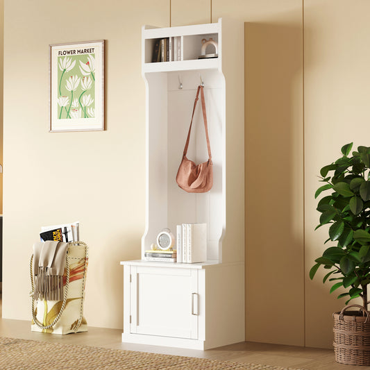 ON-TREND Minimalist Slim Hall Tree with Cabinet & 6 Hanging Hooks, Multi-functional Storage Bench with Coat Rack, Elegant Foyer Cabinet for Hallway, Living room, White (OLD SKU: WF313577AAK)
