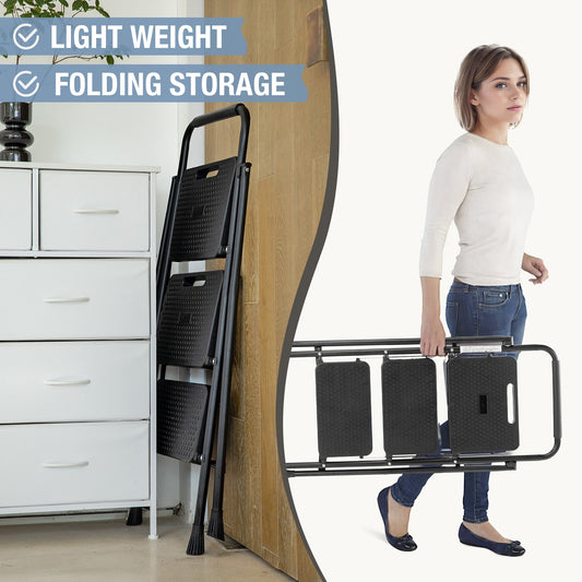 3 Non-slip step ladder, quick folding steel ladder Sturdy metal supported household tools for home/office work at altitude, portable step tools Livingsource