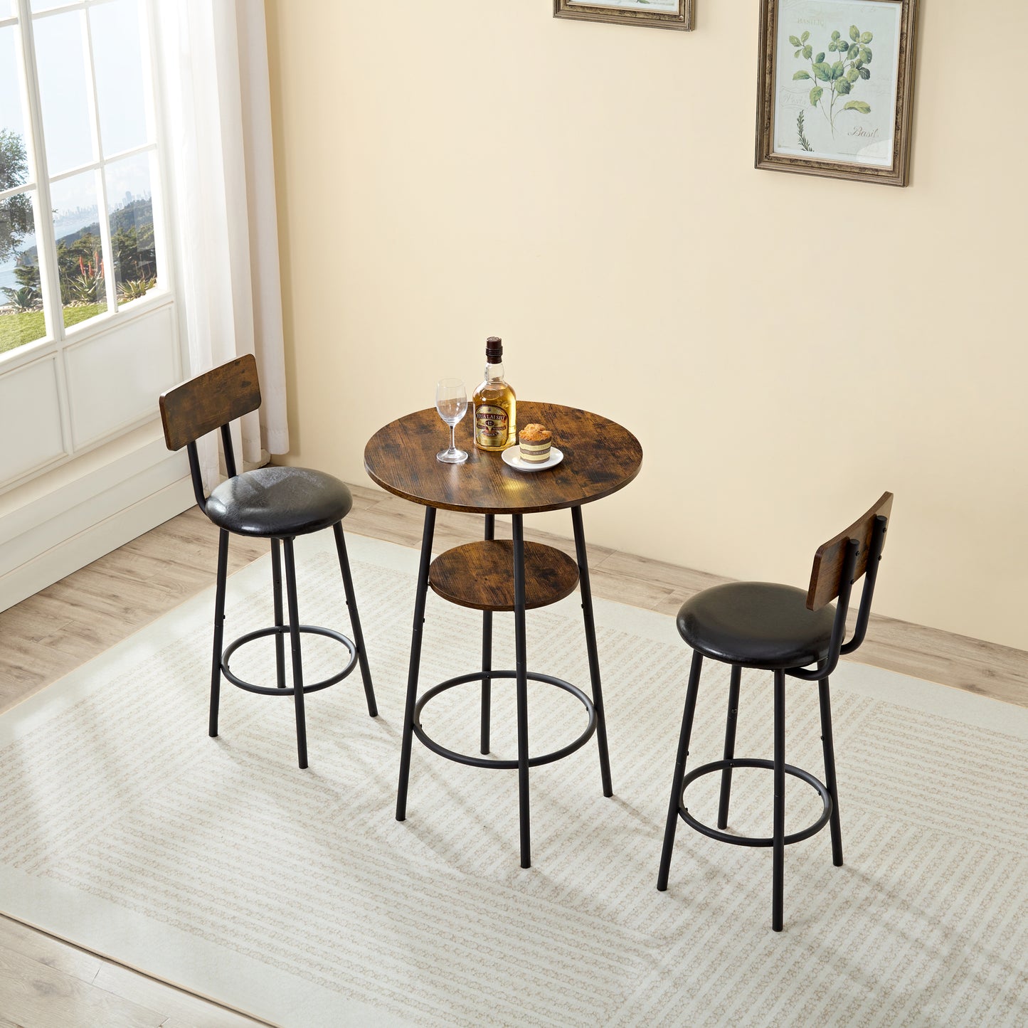 Three-piece round dining table, two-level small dining table with storage, bar table, two upholstered bar chairs with backrest, suitable for restaurants, cafes, bars.