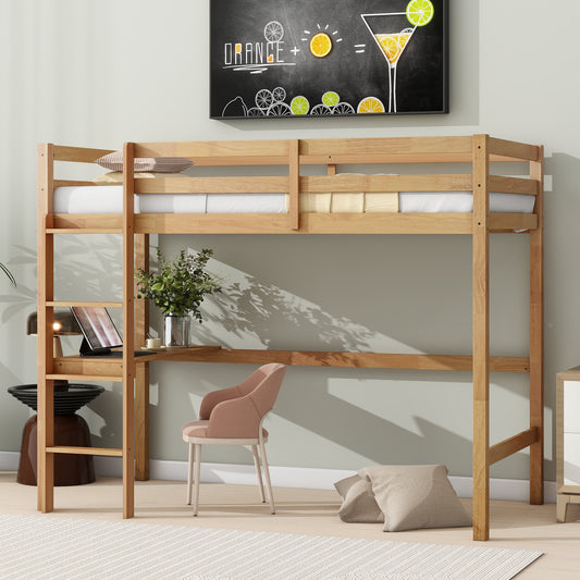 Twin High Loft Bed, Rubber Wood  Loft Bed with Safety Guardrail, built-in desk, ladder,White Oak SolidRoot Buy Furniture USA